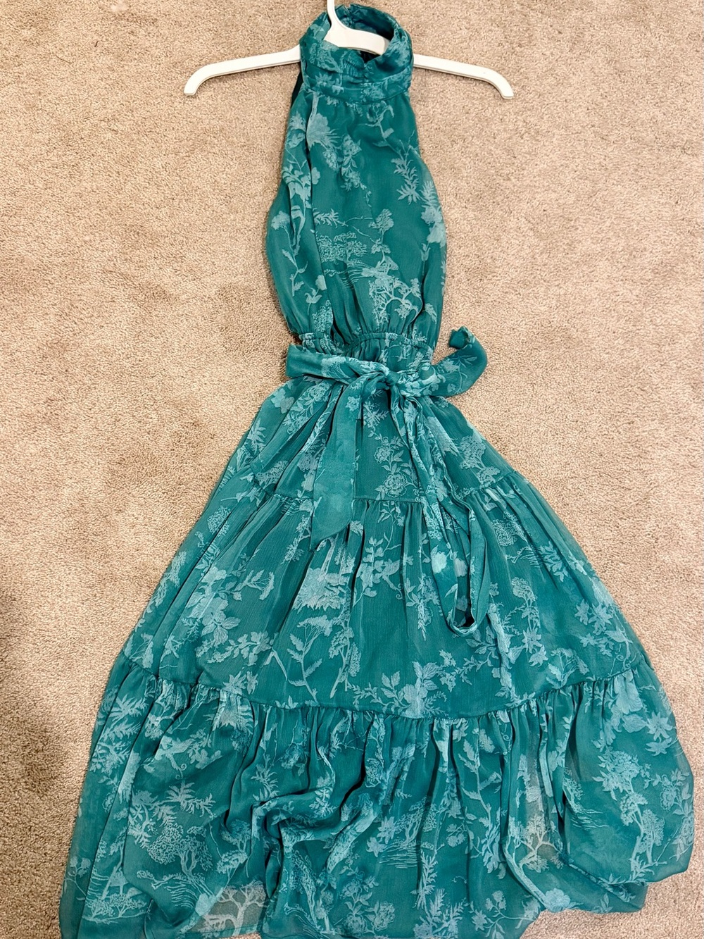 Lulu's Teal Floral Halter Dress with Waist Tie